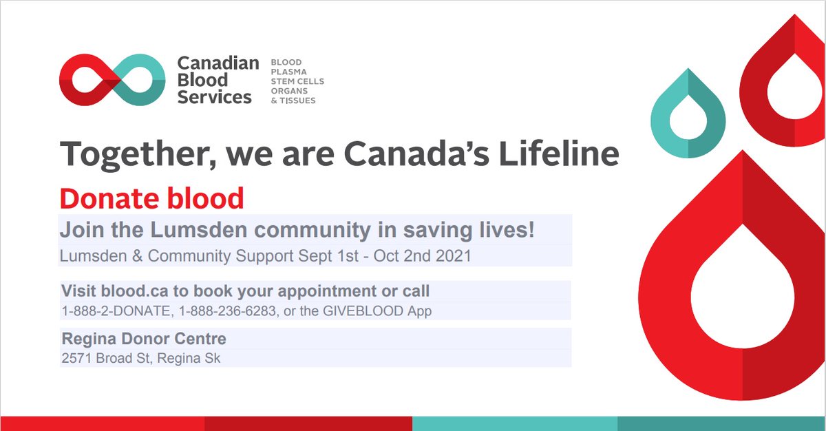 Town Council encourages you to donate, if you can! 
Wednesday September 1st - Saturday October 2nd: Lumsden and Community Blood Drive.
The need for donors remains constant and 
#CanadianBloodServices needs your support.