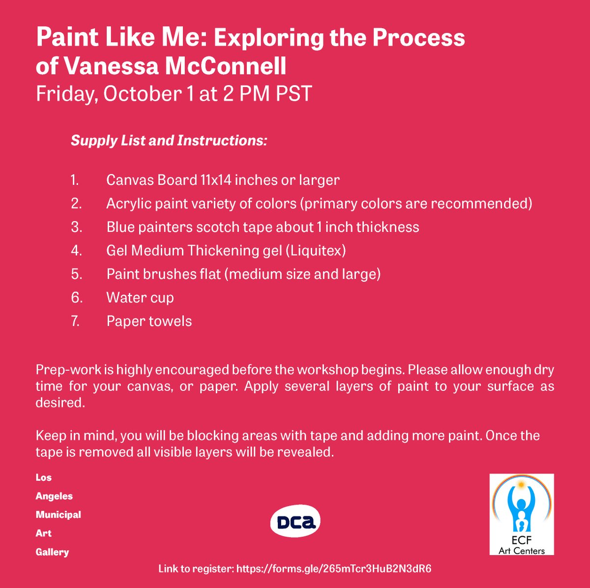 Join us on Friday, October 1 at 2 PM PST for our next virtual program, Paint Like Me: Exploring the Process of Vanessa McConnell! Co-presented by ECF Art Centers.

This program is free and open to all. Link in bio to register and for the supply list!