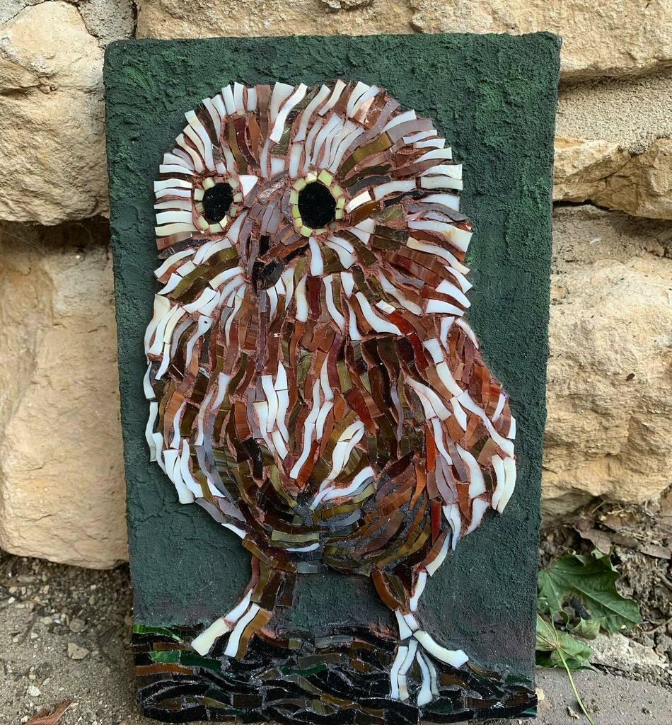 Bsgdragonfly1's tweet photo. A few years ago my sister casually and jokingly said she wanted a baby owl for a pet. From that moment, this little guy was born. Pretty sure she didn’t mean a glass mosaic owl! It is available, message me for info. #everydayart #moments #mosaics #mosai… https://t.co/tC3cVHoF7O https://t.co/hlRuuIeDUr