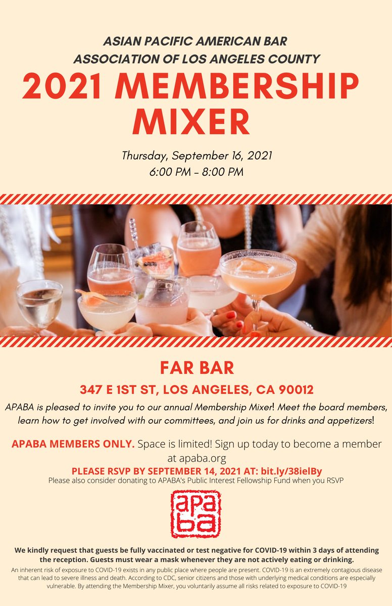 APABA warmly invites members to our 2021 Membership Mixer, September 16, 2021 at 6:00 PM at Far Bar in Little Toyko. Space is limited to APABA Members only, make sure to register today at apaba.org/event-4469141