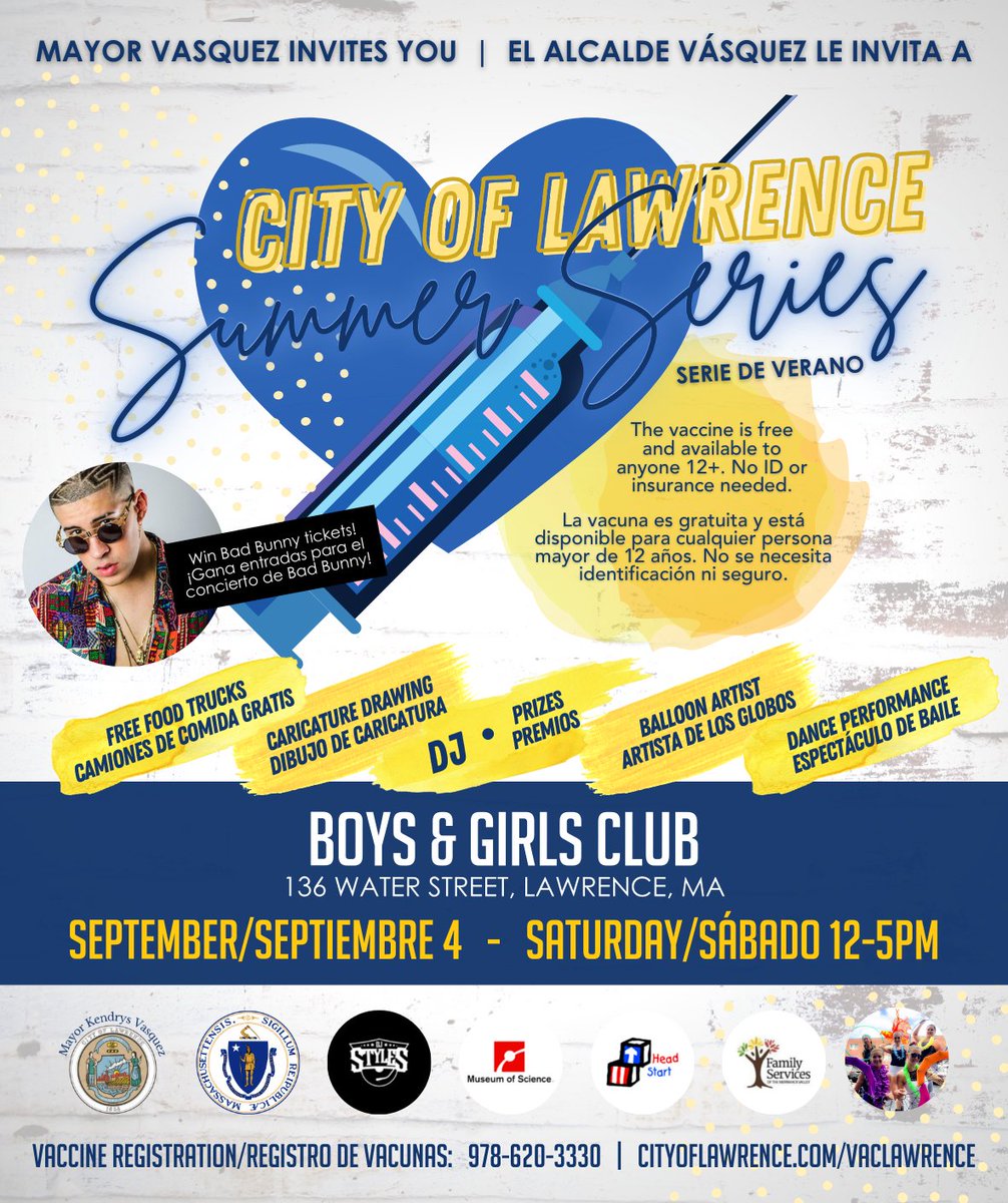 💙 Join us TOMORROW for the Vaccine Block Party at the <a href="/BGCL/">BGC of Lawrence, MA</a> in Towerhill from 12-5pm. Come to get your vaccine and enjoy free food from local food trucks, music by <a href="/DjStylesz/">Dj Styles</a>, performances by Firefly Flow Troupe, a chance to win Bad Bunny concert tickets, and more!