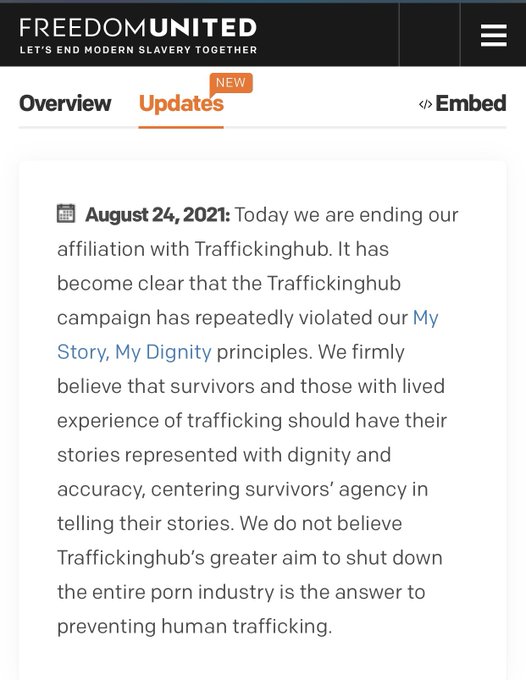 Well, damn! FreedomUnited has cut ties with TraffickingHub over repeated violations of their My Story