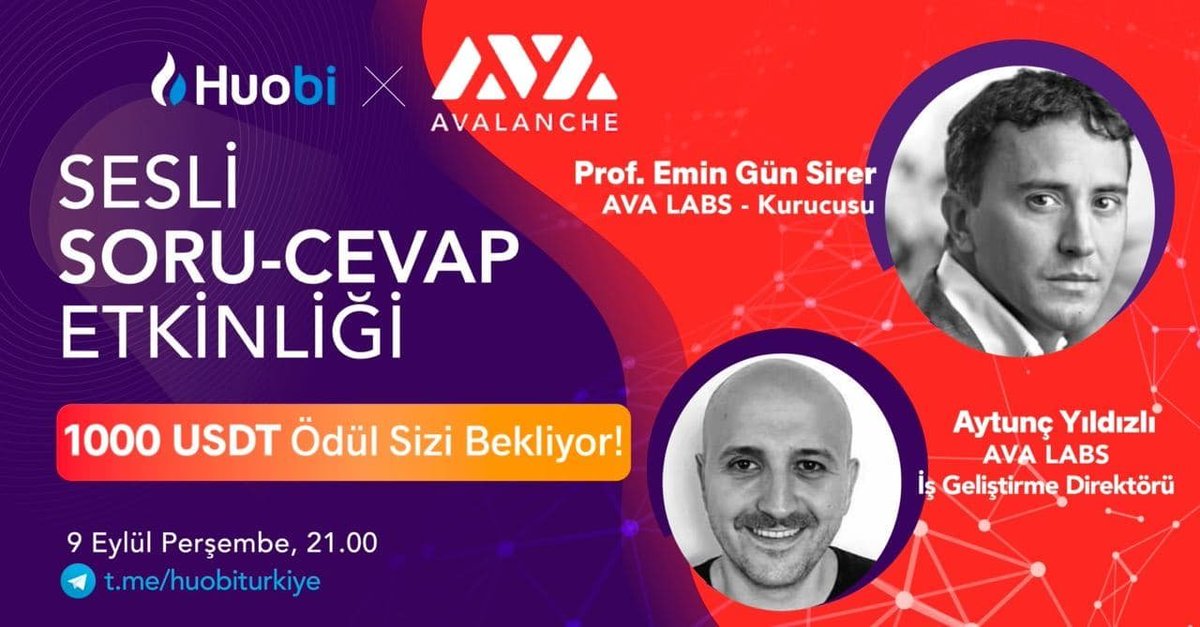 nipek14's tweet photo. 🤩İşte bugün O gün:) #Avalanche'ın kurucusu Sevgili Hocam Emin Gün Sirer @el33th4xor ve Muhabbit platformlarının kurucusu Aytunç Yıldızlı @bit_gossip, @HuobiTurkiye grubunda sesli chat etkinliği ile bizim sorularımızı yanıtlayacaklar.🙏Siz de soru sorun ve ödül kazanın. https://t.co/iOViIipVL1