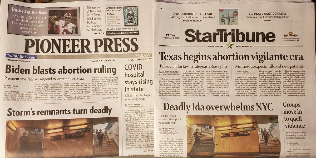 Molly1Jo's tweet image. They're back at it. Mpls @StarTribune headline tells it like it is. St Paul @PioneerPress couches it in typical GOP terms. Always. #TXVigilanteJustice #BarefootPregnant #ProBirthNotProLife