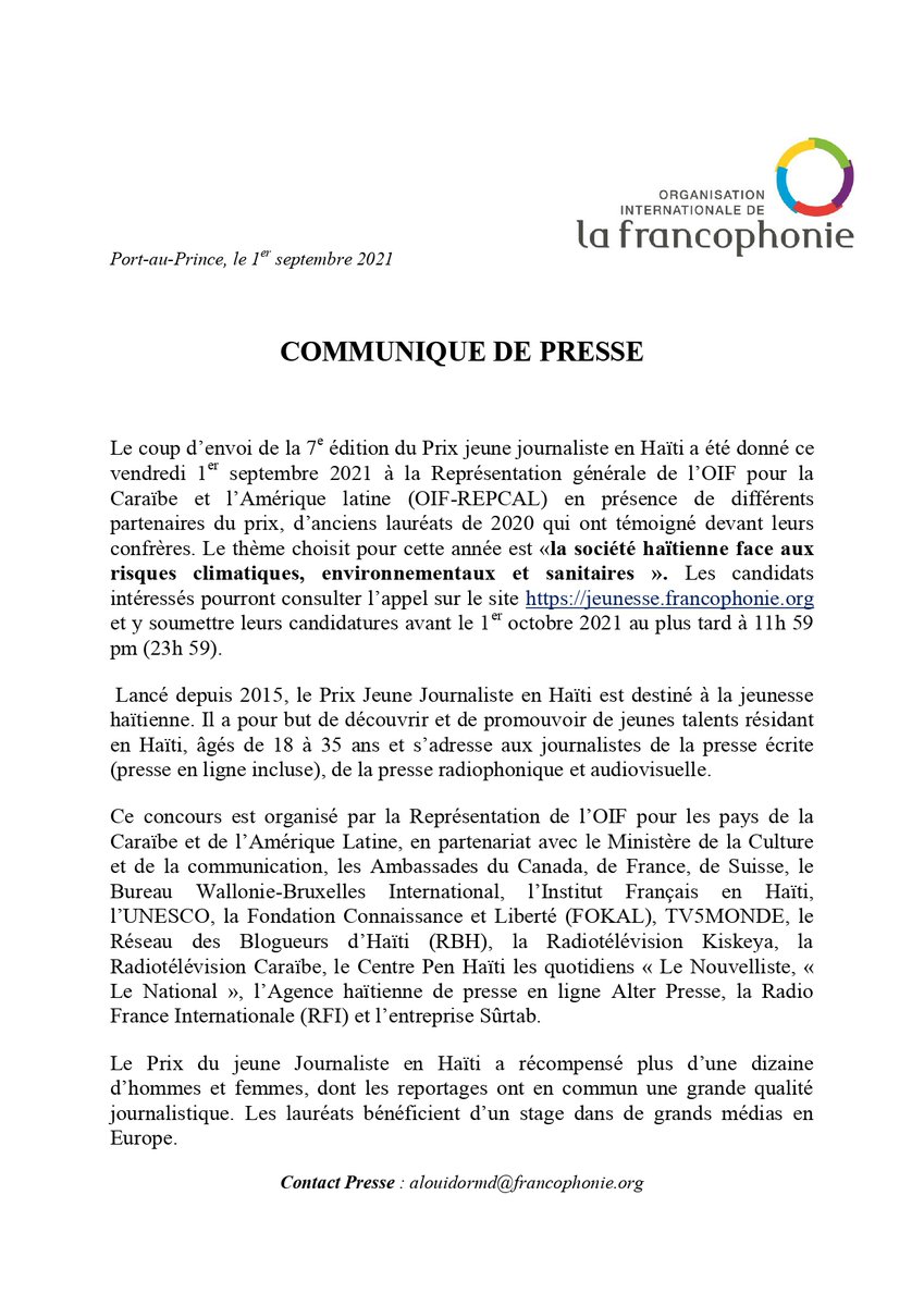 [ COMMUNIQUE DE PRESSE ]
Prix Jeune Journaliste en Haïti 
7e édition👋