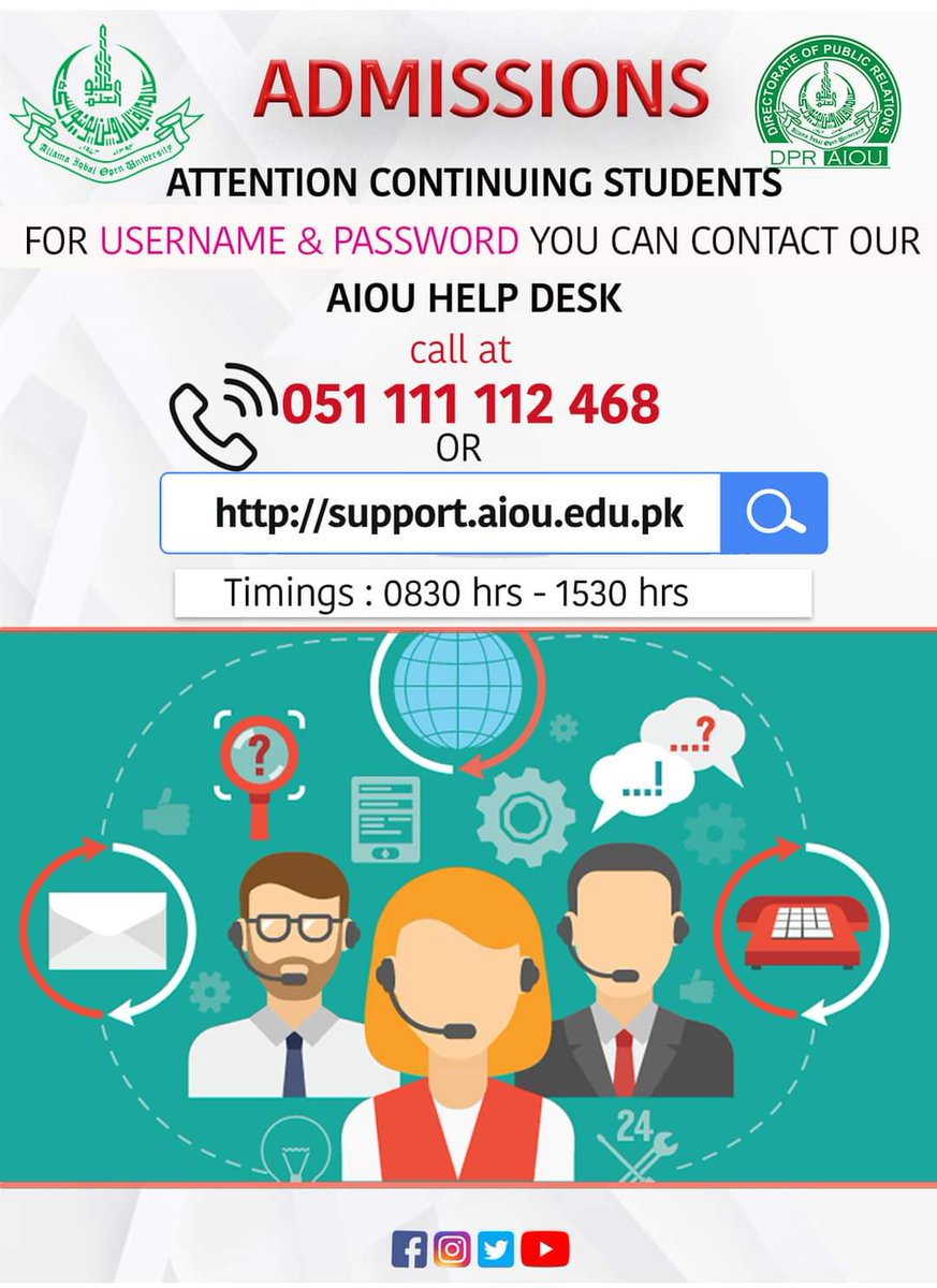 AIOURCPeshawar's tweet photo. ATTENTION CONTINUING STUDENTS :
FOR USERNAME AND PASSWORD PLEASE CONTACT AIOU SUPPORT DESK OR CALL AT
051-111-112-468
#aiouactivities #aiounews #aioustudents #AIOU_ISLAMABAD #lifeataiou #educationforall #AIOU #phase1 #continuingstudents https://t.co/8OIZAHZtJf