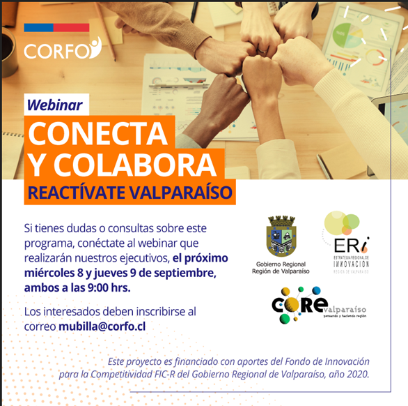 Perfruts's tweet photo. El próximo Miércoles 8 y jueves 9 de septiembre se realizará el Webinar: Conecta y Colabora. Si tienes dudas acerca de este programa, escribe a mubilla@corfo.cl e inscríbete en este seminario en línea 🙌
#corfo #conectaycolabora #webinar https://t.co/lT0YDH00xB