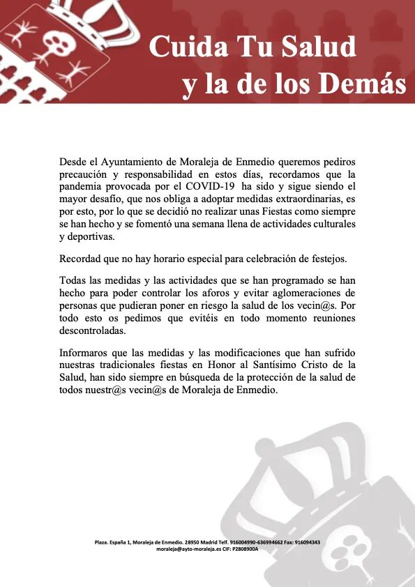 CUIDA TU SALUD Y LA DE LOS DEMÁS. #MoralejaDeEnmedio #MoralejaSegura