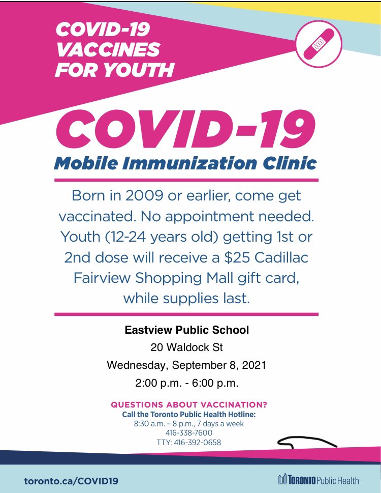 Eastview PS (@eastviewtdsb) on Twitter photo Happening Wednesday, September 8th @Eastview 2pm-6pm. 1st and 2nd doses for ages 12-24! No appointment needed. Just in time for back-to-school! <a href="/LC3_TDSB/">TDSB LC3</a> <a href="/tdsb/">Toronto District School Board</a> <a href="/TDSB_LN16/">John Currie</a> Includes $25 gift card if you get there early enough! Happening Wednesday, September 8th @Eastview 2pm-6pm. 1st and 2nd doses for ages 12-24! No appointment needed. Just in time for back-to-school! <a href="/LC3_TDSB/">TDSB LC3</a> <a href="/tdsb/">Toronto District School Board</a> <a href="/TDSB_LN16/">John Currie</a> Includes $25 gift card if you get there early enough!