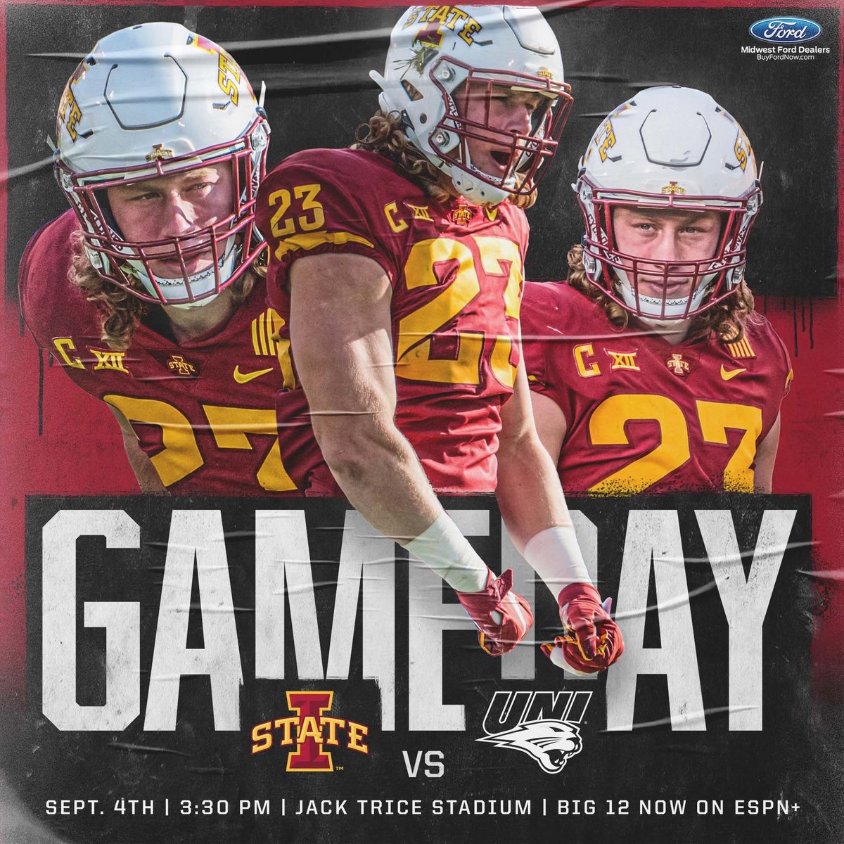 CycloneFB's tweet photo. 🚨 GAME DAY 🚨

🏈 #7 Iowa State vs. UNI
⏰ 3:30 PM CT
📍 Ames, Iowa 
🏟️ Jack Trice Stadium
📺 Big 12 Now on ESPN+
💻 https://t.co/FRC5SOg7x7
📊 https://t.co/DUYtVRVh9h
📻 https://t.co/wp4vWPvJIc

🌪🚨🌪 https://t.co/d14BOlCZWi