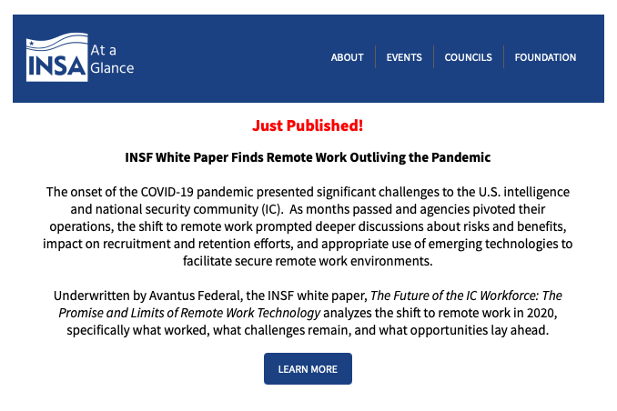 INSAlliance's tweet photo. #ICYMI: Sponsored by @BoozAllen, yesterday's issue of our newsletter featured #INSF's new #whitepaper, an #IntelSummit21 plenary spotlight, upcoming industry events, and much more!
Stay in the know and don't miss out‼️
Read the full newsletter: https://t.co/0IqHAvLknR https://t.co/yewn2sMwlp