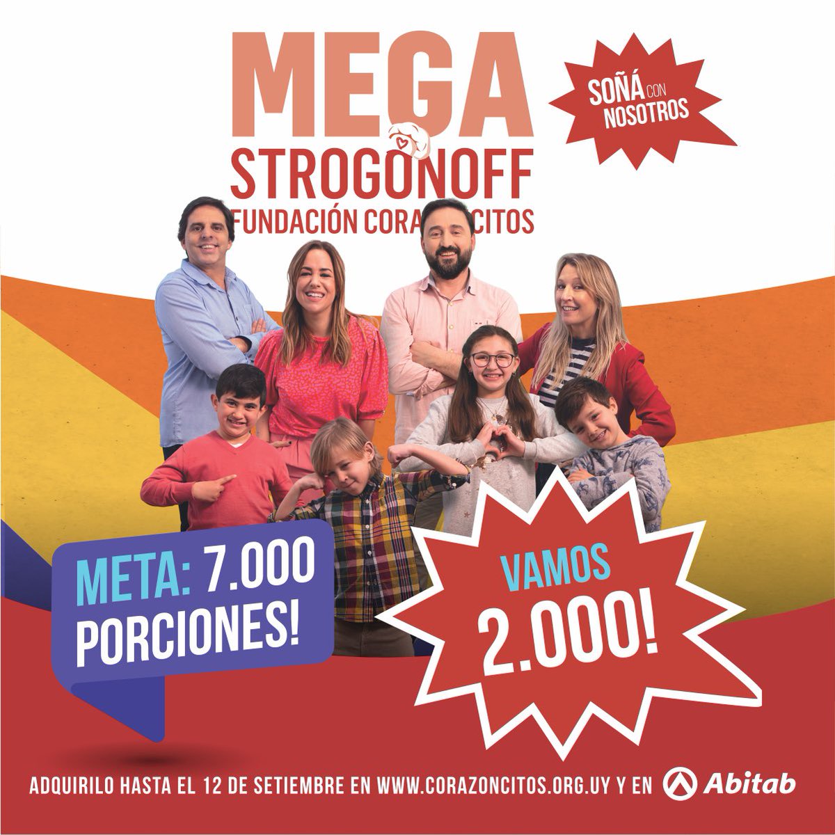 📣 buenas noticias! 
Llegamos a las 2000 porciones!
Gracias a todos los que ya se sumaron al gran equipo del  #Megastrogonoff 
Se vienen los últimos días y contamos con tu apoyo para llegar a la meta 💪
Comprá tu ticket solidario en corazoncitos.org.uy o en  @abitab_oficial