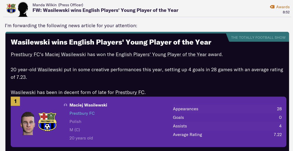 FM21Story's tweet photo. Manager of the year.... Premier League Top Scorer (bought for £5m after a good loan).   Premier League Young Player of the Year (bought for £2.9m).   Good season #footballmanager21 https://t.co/5BHCE83joM