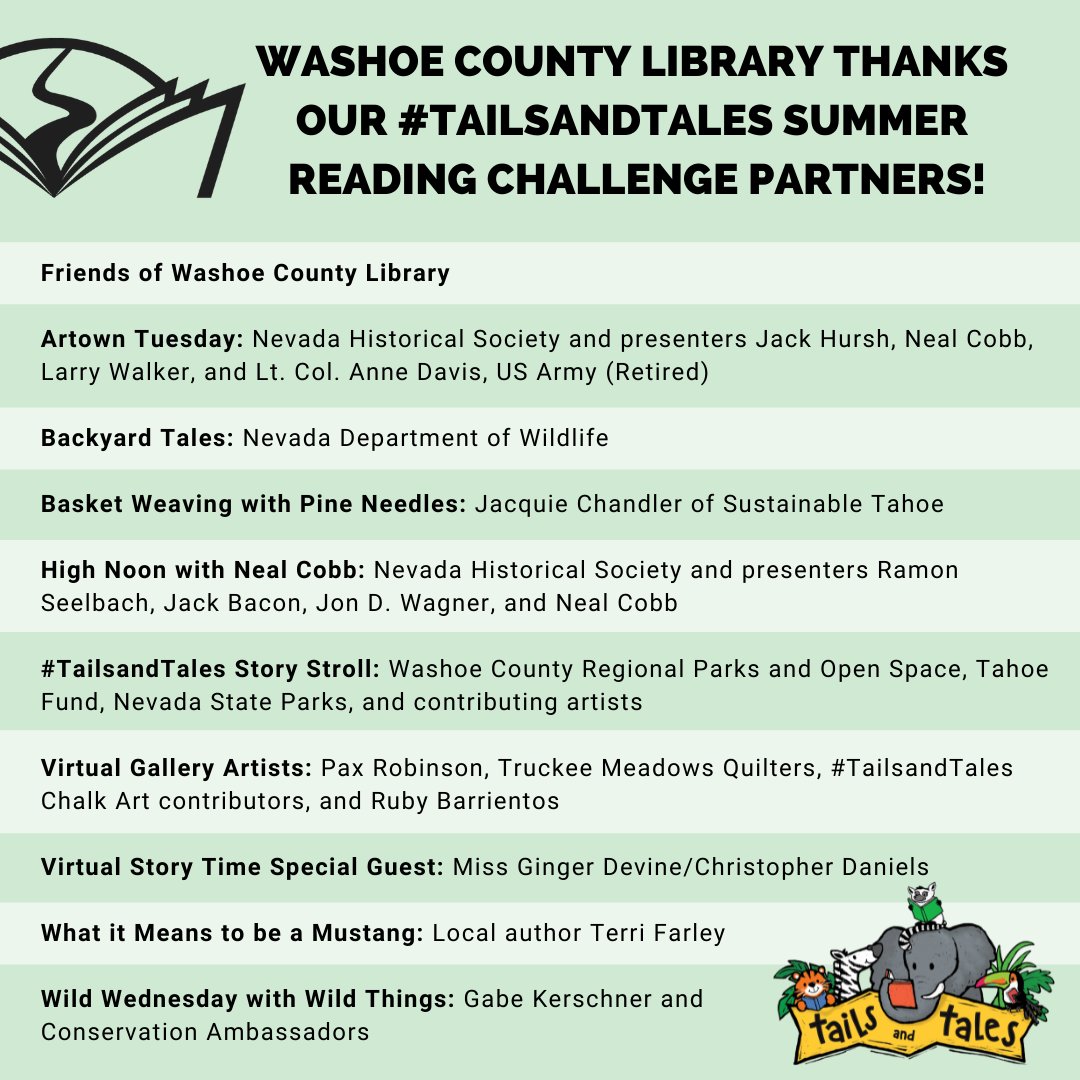 WashoeLibrary's tweet image. Our #TailsandTales #SummerReadingChallenge has come to an end, and we owe a huge thank you to our partners for their contributions over the summer months. Additional thanks go to the #FriendsofWashoeCountyLibrary for providing the funding that makes programs like these possible.