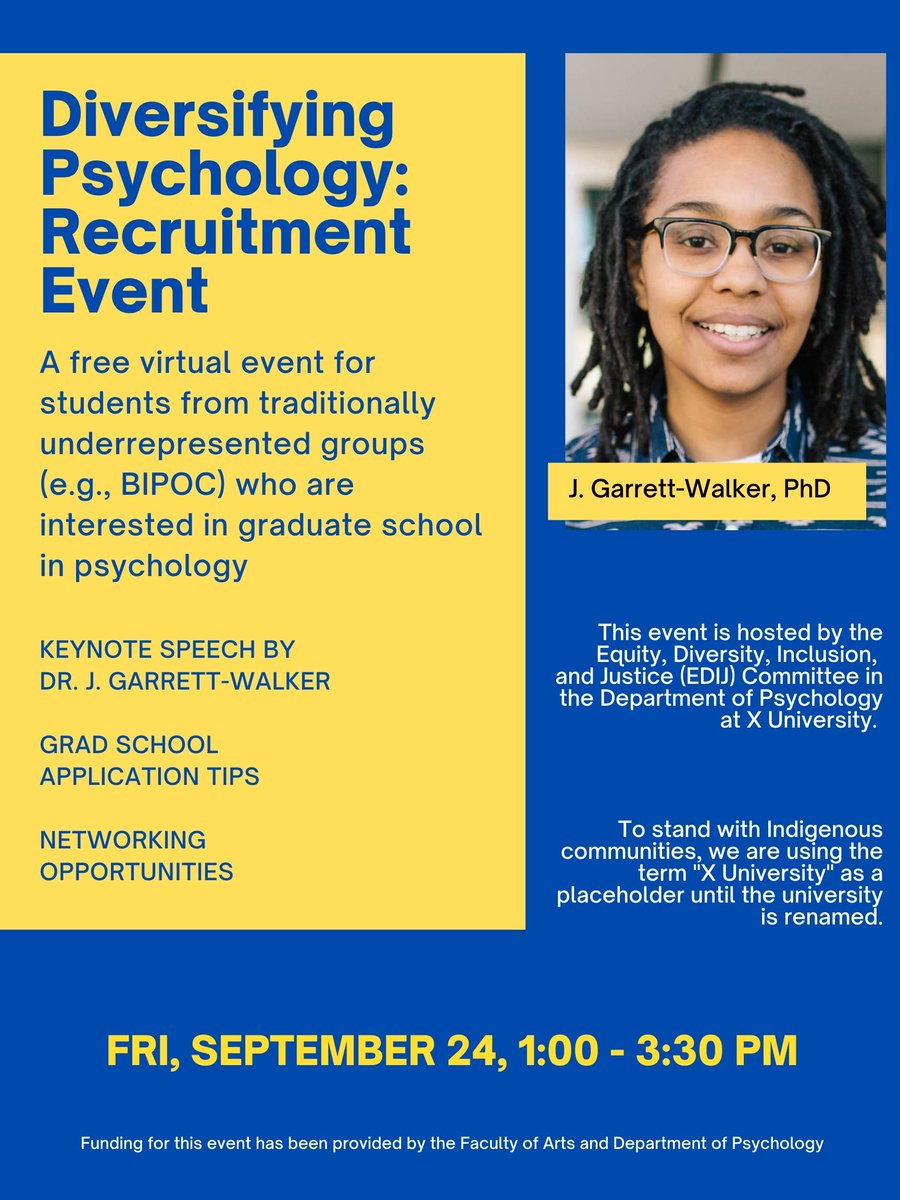 TMUPsych's tweet photo. Join us for our Diversifying Psychology Event on Sept 24 @ 1 pm! A free virtual event for students from underrepresented groups who are interested in pursuing graduate school in Psychology. Keynote speaker: Dr. J. Garrett-Walker!  Sign up here: https://t.co/1U5HW2mY6j https://t.co/myWBqAIJjz