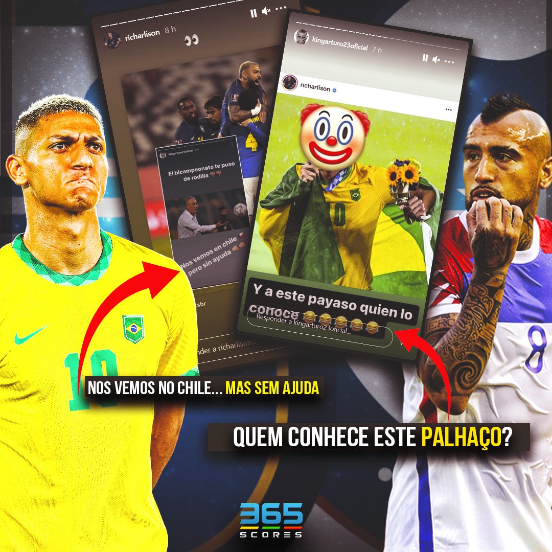 365ScoresBR's tweet photo. O atacante Richarlison, que não pôde jogar por conta das regras da Premier League, postou em seu perfil no Instagram uma provocação a Arturo Vidal Sabendo do post, o chileno respondeu chamando o brasileiro de "palhaço". E aí, nessa guerra você é #TeamRicharlison ou #TeamVidal? https://t.co/XKY3eZX08E