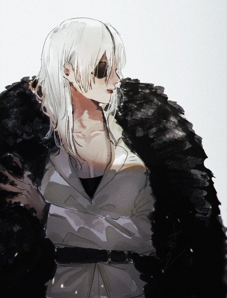 1girl solo eyepatch white hair fur coat belt coat  illustration images