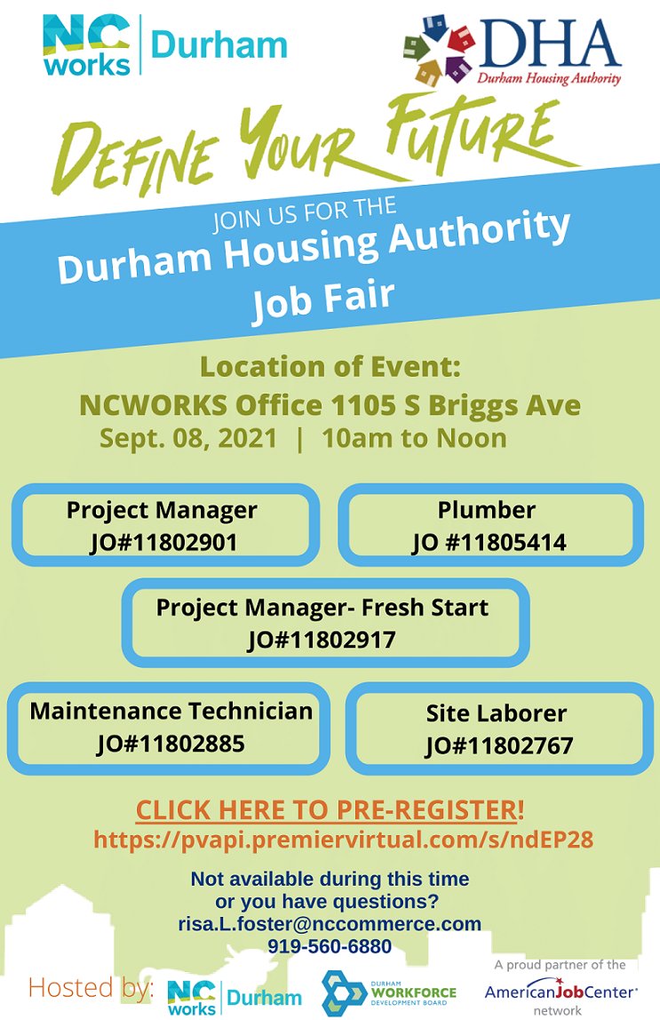 Durham County, NC (@durhamcounty) on Twitter photo Check out the Durham Housing Authority hiring event on Sept. 8 from <a href="/NCWorksDRM/">NCWorks Durham</a> & <a href="/DurhamWorkforce/">Durham Workforce Development</a>.
More details on flyer, register here: app.premiervirtual.com/events/702b40a… Check out the Durham Housing Authority hiring event on Sept. 8 from <a href="/NCWorksDRM/">NCWorks Durham</a> & <a href="/DurhamWorkforce/">Durham Workforce Development</a>.
More details on flyer, register here: app.premiervirtual.com/events/702b40a…