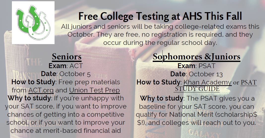 Calling all AVID, 10th, 11th, and 12th grade students, Take a look at the FREE college testing dates at AHS in October! Please mark your COLT PLANNERS with these dates.  #coltsfamily #collegeready <a href="/counselingcolts/">AHS Counseling Dept</a>