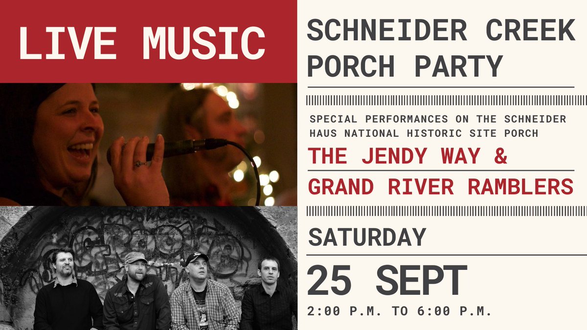 Coming Soon! The annual Schneider Creek Porch Party is scheduled for September 25th. We're pleased to be the headliner porch featuring two great performances from The Jendy Way and Grand River Ramblers. 

Learn more at ow.ly/f12Q50FY8xs
See you there!