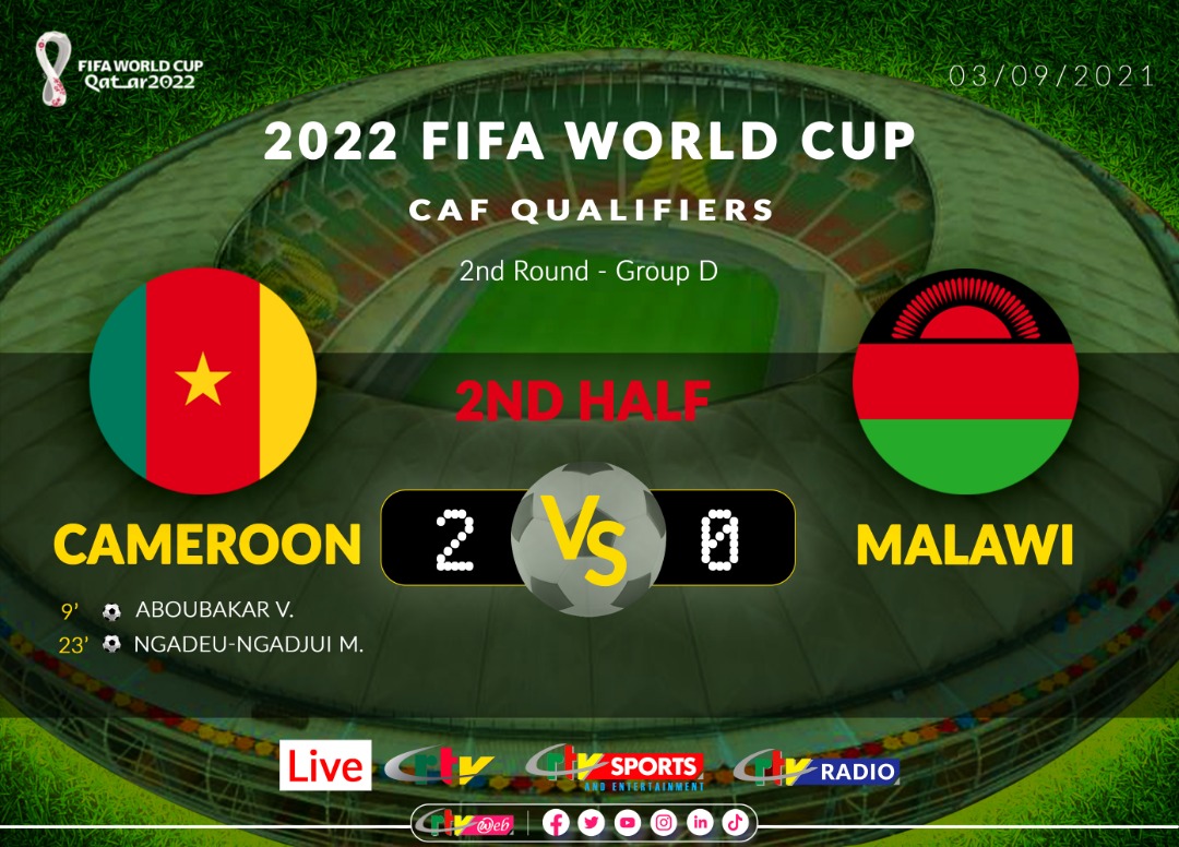 CRTV_web's tweet photo. #FIFAWC2022Q
 Cameroon 🇨🇲 2️⃣ vs 0️⃣ Malawi 🇲🇼 
⚽
-Vincent Abaubakar(8')
-Micheal Ngadeu (21')

Second Half

🏟 Olembe
⏲️8 p.m https://t.co/jcKWLFgWHz