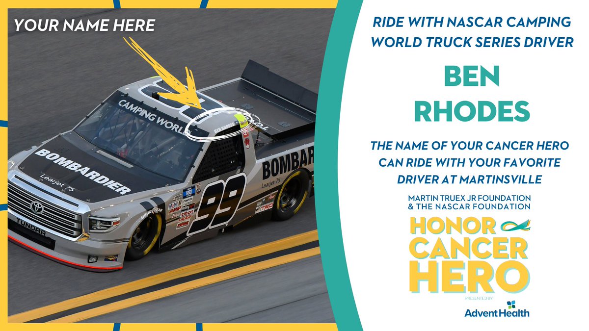 Once again we are participating in the 'Honor A Hero' program benefiting the @MTJFoundation and @NASCAR_FDN.

Nominate your cancer hero to 'ride' with one of our drivers at @MartinsvilleSwy by visiting bit.ly/MTJFoundation21.

@AdventHealth | #HeroesRideAlong | #EbayforCharity
