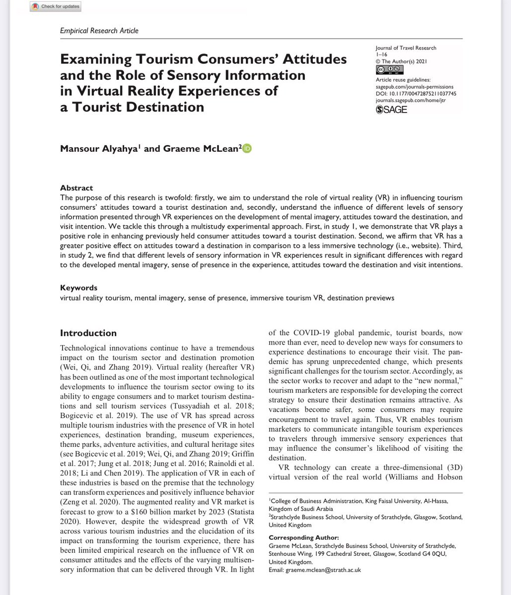 MansourAlyahya's tweet photo. الحمدلله تم نشر ورقة علمية في Journal of Travel Research المرموقة IF 10.82) Q1)

بمشاركة @DrGraemeMclean 
تهدف لفهم دور #الواقع_الافتراضي #VirtualReality  في التأثير على موقف السائح تجاه الوجهه السياحية  https://t.co/Aej7ERsi7K https://t.co/D0oDgGvhG5