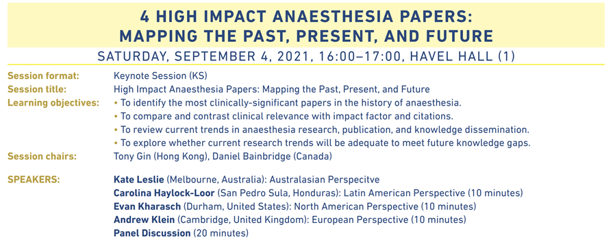 janetmartinwho's tweet photo. This Saturday @wfsawca:

High Impact Anaesthesia Papers: Mapping Past, Present, and Future 

Looking forward to see what this line up of speakers chooses for their high impact paper list:
@katy_skier 
@Birdell29 
#EvanKharasch @_Anesthesiology
#AndrewKlein @Anaes_Journal
#WCA2021 https://t.co/Mqm0v2bPEx