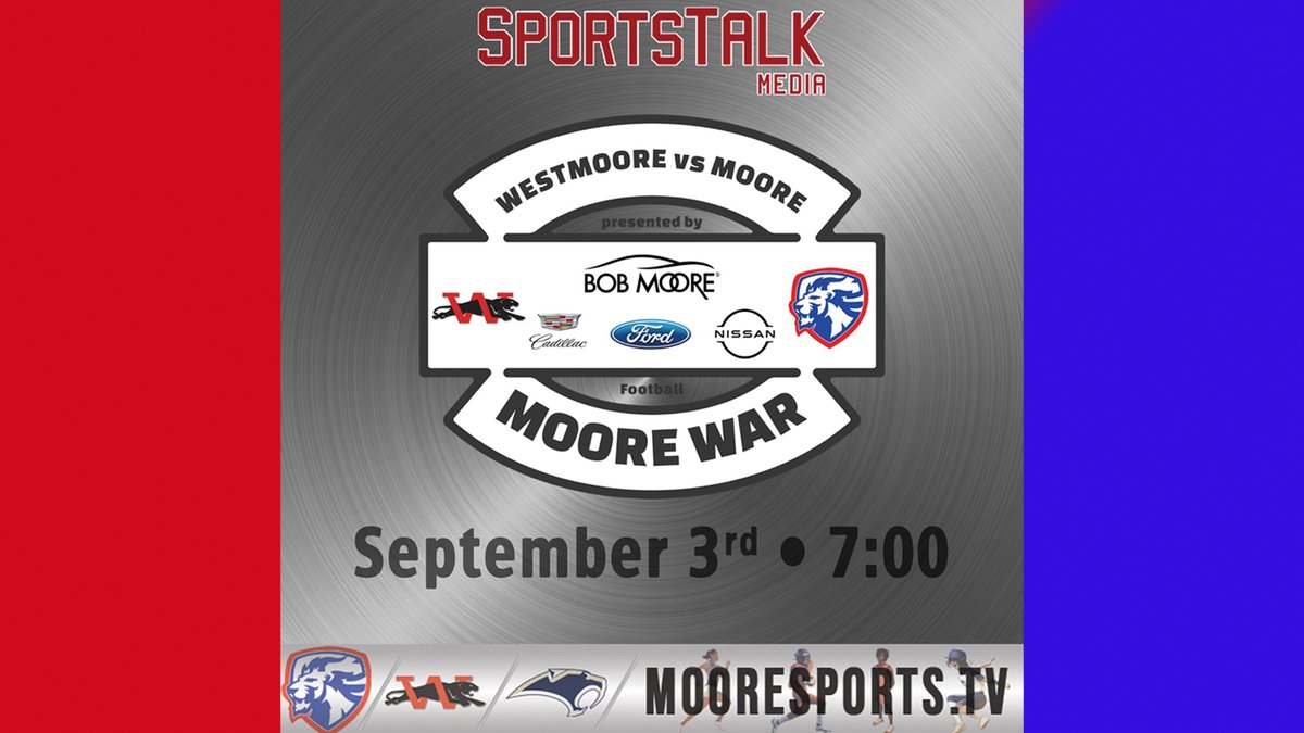 MoorePublicSch's tweet photo. Can't make #MooreWar2021 tonight? No worries! You can catch all the excitement at https://t.co/BWKy3wgeyy! Thank you for your partnership and for covering all the great things happening with MPS Athletics, @SportsTalk1400! @MooreHS1 @WestmooreHS #msppride #lionpride #jaguarpride https://t.co/OiBqDqqvtv