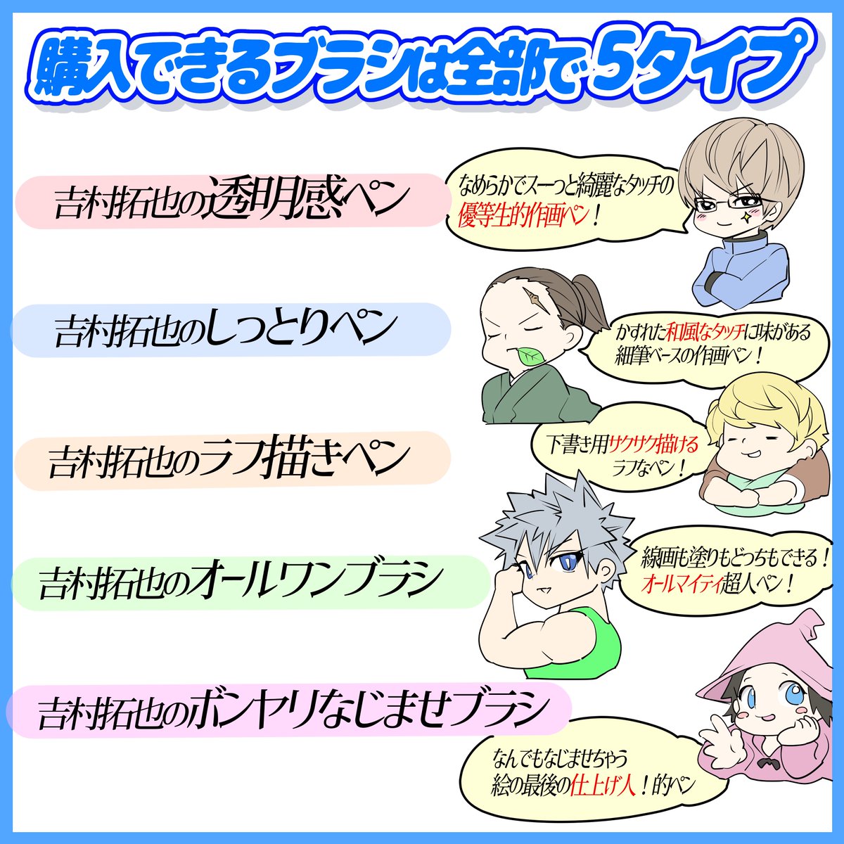 吉村拓也 イラスト講座 V Twitter イラスト講座も線画素材 も ペン入れは全部この 5種類ペン を使ってます 透明感ペン しっとりペン ラフ描きペン オールワンブラシ ボンヤリなじませブラシ 吉村拓也 イラスト講座 V Twitter イラスト講座も線画素材 も ペン入れは全部この 5種類ペン を使ってます 透明感ペン しっとりペン ラフ描きペン オールワンブラシ ボンヤリなじませブラシ