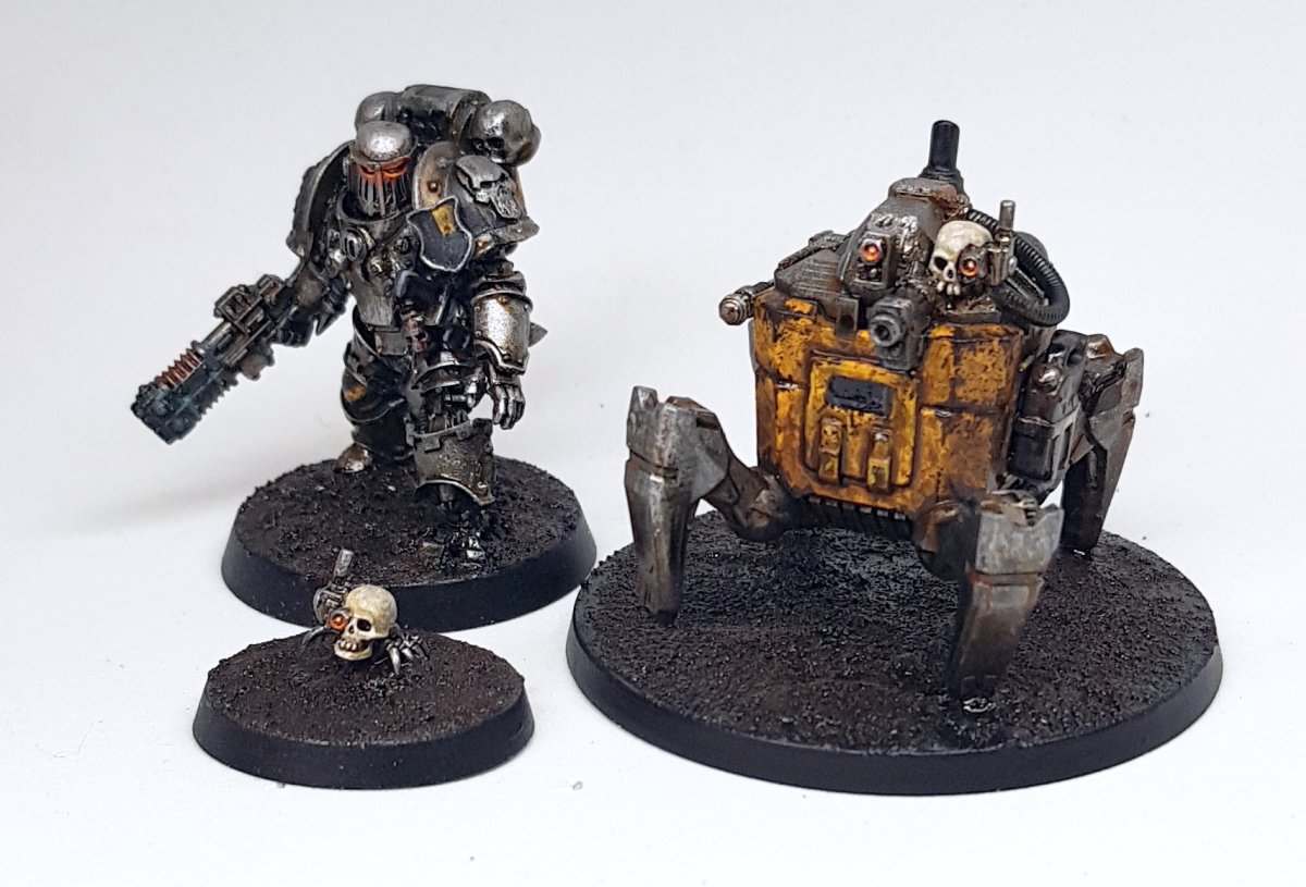 Started a small gritty warband - a the lone Legionnare Dardanos, scavenging what he can, attended only by his various servoskulls and motley serfs. here with his friend Recon-1-T01R3 and the servomule CR4T3-05 so far! #WarhammerCommunity #40K #PaintingWarhammer