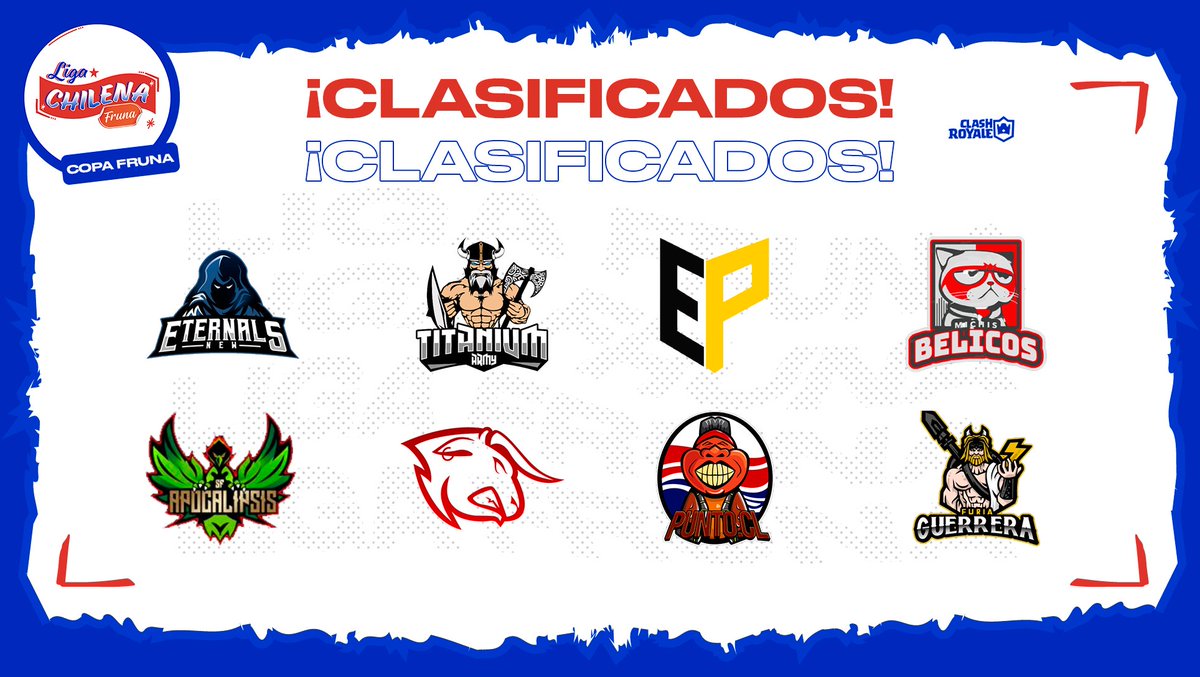 Liga Chilena Fruna (@ligafruna_cl) on Twitter photo Les presentamos a los 8 equipos clasificados para los playoffs de #CopaFruna 💪🏻
<a href="/NEternals/">New Eternals</a>
<a href="/TitaniumArmyGG/">⭐ Titanium Army ⭐</a>
<a href="/PlatinumCR_/">Platinum Esports</a>
<a href="/BelicosMichis/">Michis Bélicos 🐈</a>
<a href="/SF_APOCALIPSIS/">Sf.apocalipsis.sports</a>
<a href="/BullStars_/">𝗕𝘂𝗹𝗹𝗦𝘁𝗮𝗿𝘀™</a>
<a href="/PuntoCL_eSp/">Punto CL eSports</a>
<a href="/guerrera_furia/">FURIA GUERRERA</a>
¿Quien será el primer campeón de la copa? 🤔 Les presentamos a los 8 equipos clasificados para los playoffs de #CopaFruna 💪🏻
<a href="/NEternals/">New Eternals</a>
<a href="/TitaniumArmyGG/">⭐ Titanium Army ⭐</a>
<a href="/PlatinumCR_/">Platinum Esports</a>
<a href="/BelicosMichis/">Michis Bélicos 🐈</a>
<a href="/SF_APOCALIPSIS/">Sf.apocalipsis.sports</a>
<a href="/BullStars_/">𝗕𝘂𝗹𝗹𝗦𝘁𝗮𝗿𝘀™</a>
<a href="/PuntoCL_eSp/">Punto CL eSports</a>
<a href="/guerrera_furia/">FURIA GUERRERA</a>
¿Quien será el primer campeón de la copa? 🤔