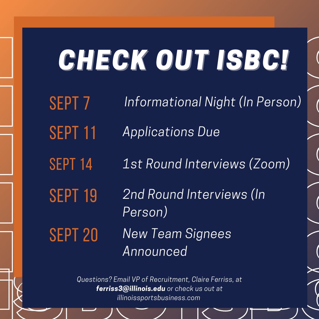 Important dates to keep in mind for potential new ISBC members! We're looking forward to meeting you all at info night!

Link in bio to apply!