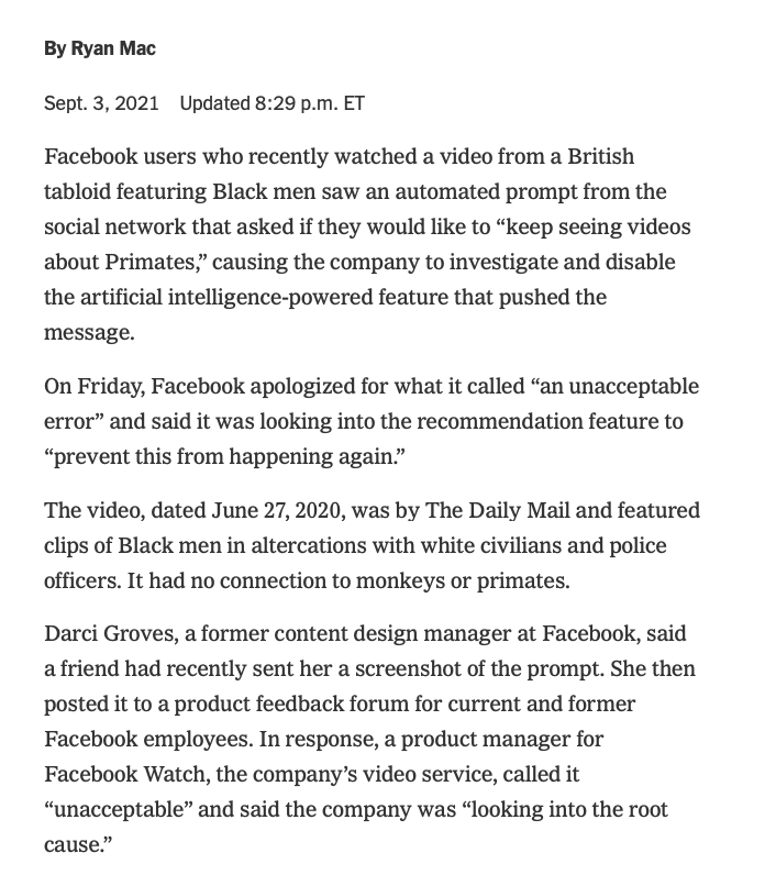 RichardHanania's tweet photo. Facebook AI asks users if they want to “keep seeing videos about Primates" when watching "clips of Black men in altercations with white civilians and police officers." https://t.co/TsMSJ4FF04 https://t.co/aKeAeyLhbT