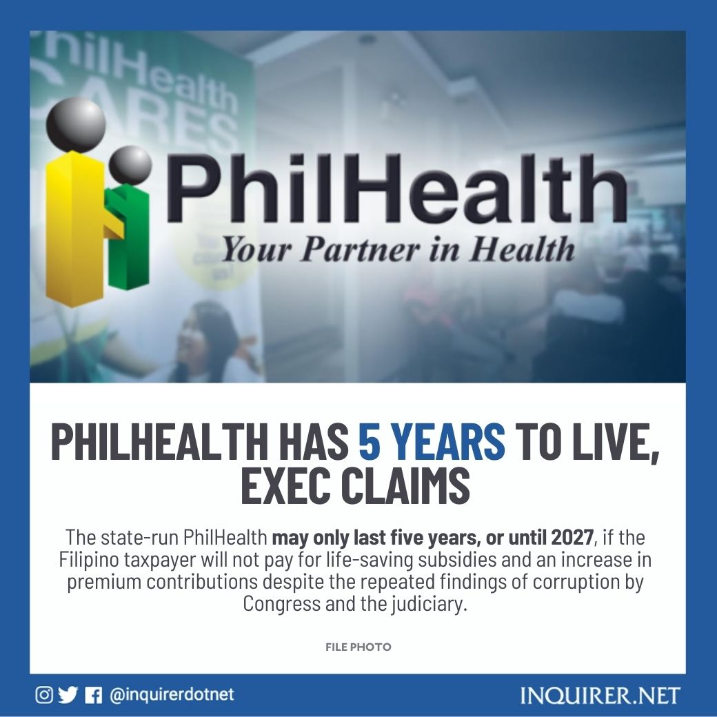 inquirerdotnet's tweet photo. “The estimated actuarial life for now is until 2027”

Nerissa Santiago, acting senior vice president of PhilHealth, said that the state health insurer’s imminent collapse “will depend on the subsidy coming from the government” and premium contributions of members. https://t.co/DIGteKPiEW