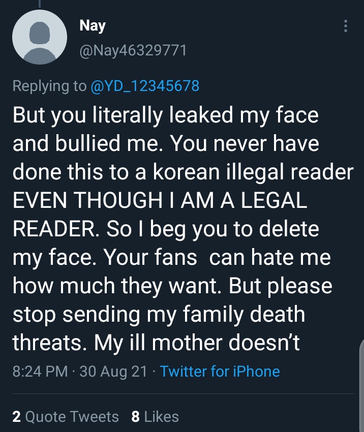 yd has been actively spreading the personal info and pics of a 16 years old black girl on her page for over a week now and harassed her family because the girl shared her webtoon online after buying it. the girl apologized and begged yd to delete her pictures to no avail.