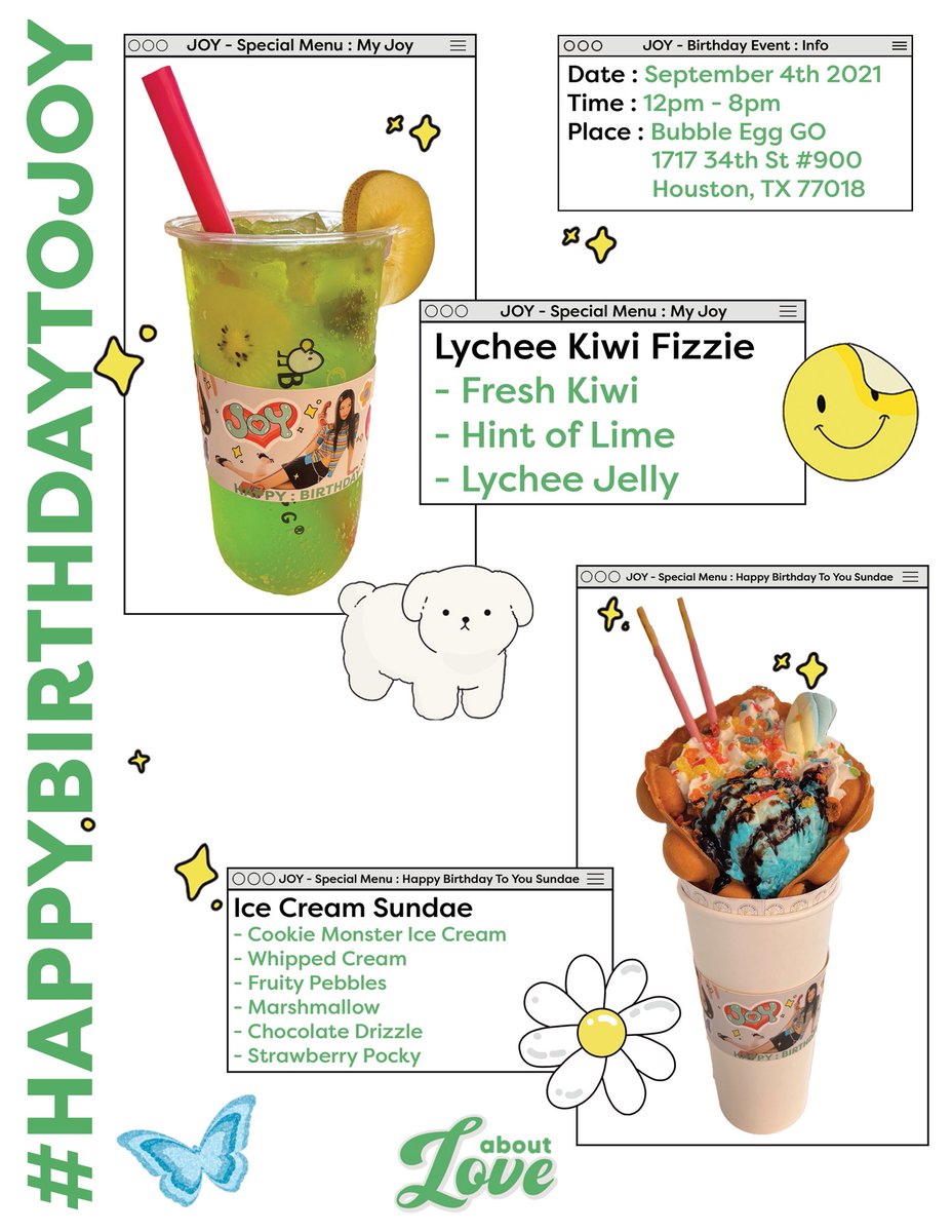 aboutlovecafe's tweet photo. Check out our special menu for the #HappyBirthdayToJoy event!!! 🤍🥝

Remember today is the last day to order the donation sets on our website!! 

We’re excited to see y’all tomorrow at Bubble Egg GO!! https://t.co/aVxhN3iBjs