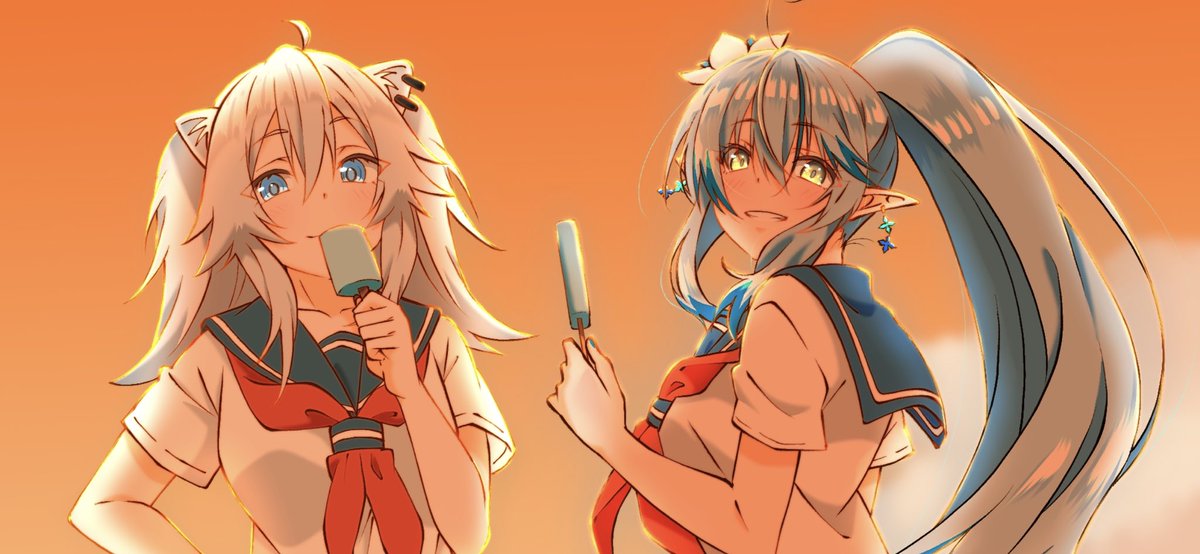 shishiro botan ,yukihana lamy multiple girls 2girls lion ears school uniform animal ears food popsicle  illustration images