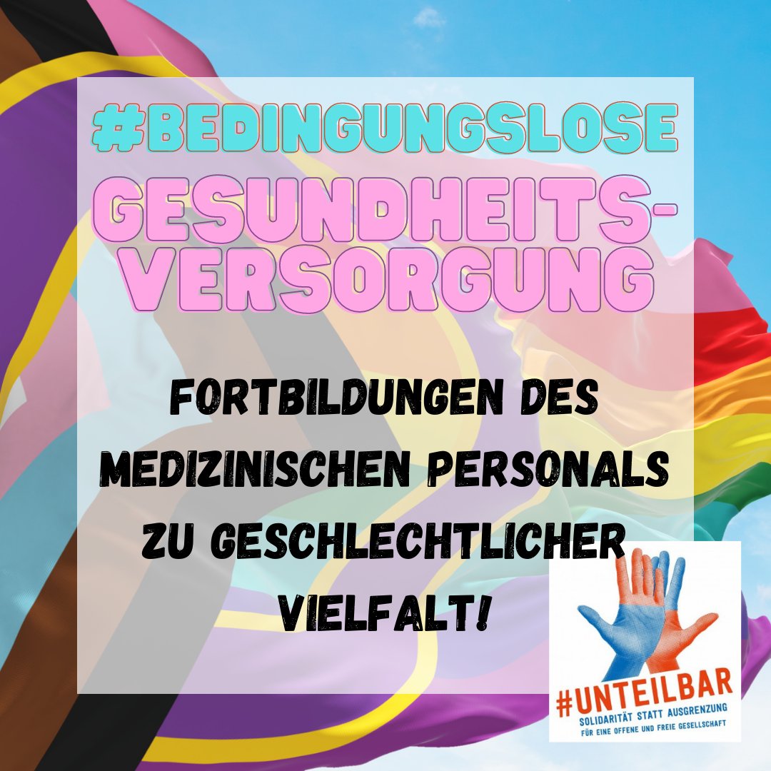Endspurt bei #bedingungsloseGesundheitsversorgung und #unteilbar.

Wir fordern: Fortbildungen des medizinischen Personals zu geschlechtlicher Vielfalt!

Ein paar Forderungen haben wir noch. Und ihr?

!B