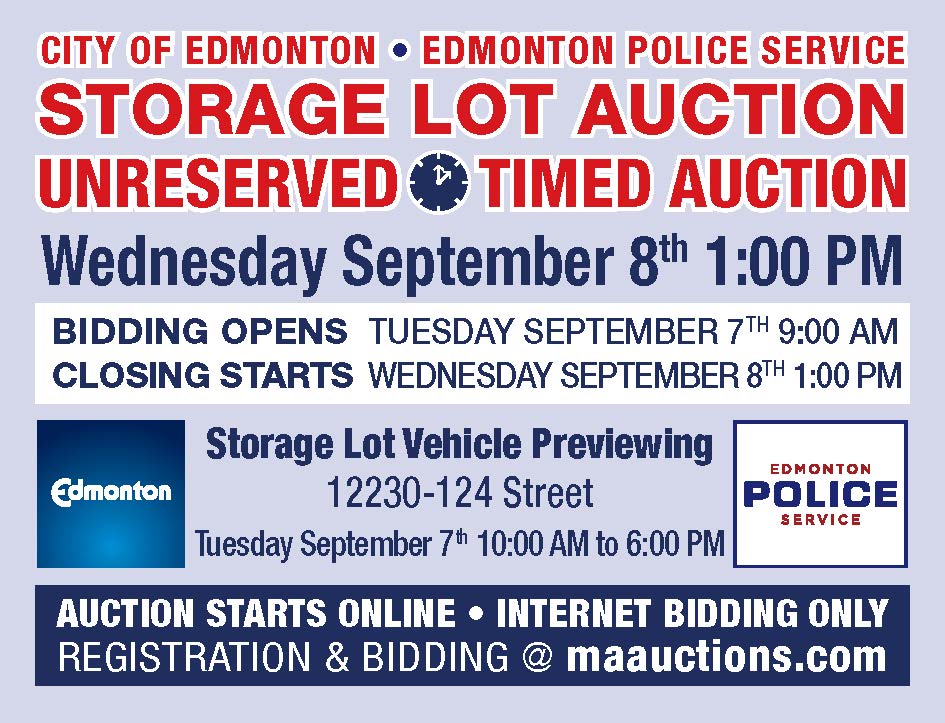 maauctionscom's tweet photo. Michener Allen Auctioneering Ltd September 8th City of Edmonton - Edmonton Police Service Unreserved TIMED IMPOUND Auction. Bidding opens Tuesday September 7th 9:00 AM . Check it out @ https://t.co/Ls3iCIeb7n https://t.co/bnHjsRVnMf