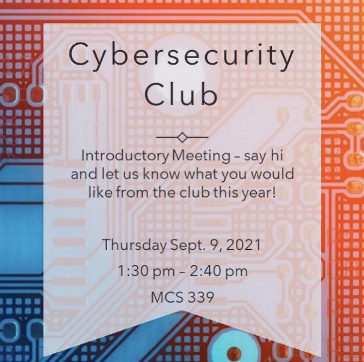 UCA_CSEC's tweet photo. Hey everybody! We hope you are all enjoying your new classes, and we’re excited to announce that the first #uca #cybersecurityclub meeting is next Thursday! Come say hello and tell us what your expectations are for #csec club this year! https://t.co/VtaFleiWxD