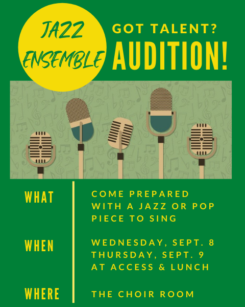 Choir students - get ready for Jazz Ensemble auditions on 9/8 and 9/9 and be sure to show up to Choir Camp at 9 am on Saturday 9/11 at SRV! We're building a Choir float for HoCo!