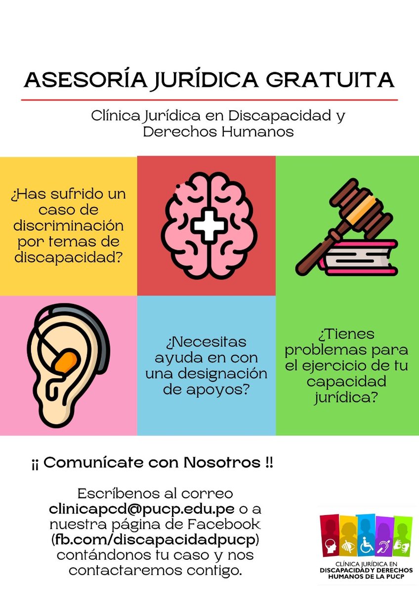 ¿Has sufrido discriminación por temas de discapacidad? ¿Necesitas ayuda con una designación de apoyos? ¿Tienes problemas para el ejercicio de tu capacidad jurídica?
Comunícate con nosotros!!
Escríbenos clinicapcd@pucp.edu.pe o a nuestra página de Facebook contándonos tu caso.
