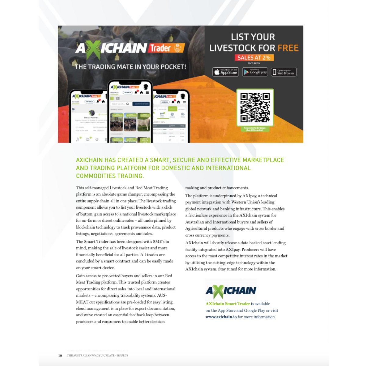 AXIchain has been featured in the Australian Wagyu Association (AWA) Magazine!
AWA is the voice of the Wagyu breed in Australia. It has responsibility for the registration and DNA verification of the breed, ensuring quality &amp; legitimacy.

Read here:
hubs.la/H0WyfHb0