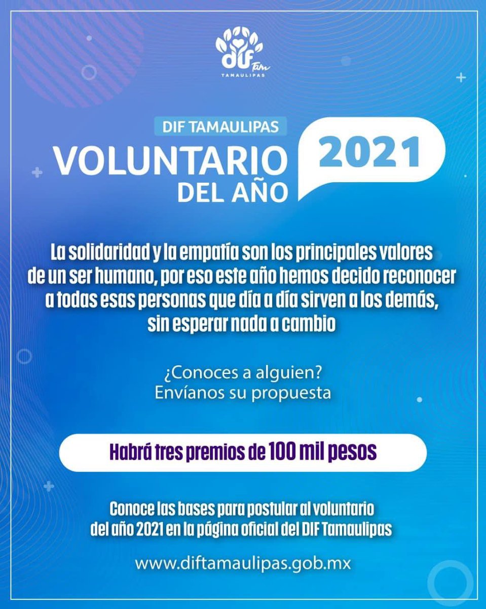 Se busca al voluntario del año 2021 en Tamaulipas, si conoces a alguien no te quedes con las ganas de postularlo; consulta las bases de la convocatoria en  diftamaulipas.gob.mx/convocatorias/… 
#DIFTam #TeQuiereBien #Tamaulipas <a href="/gobtam/">Gobierno Tamaulipas</a>