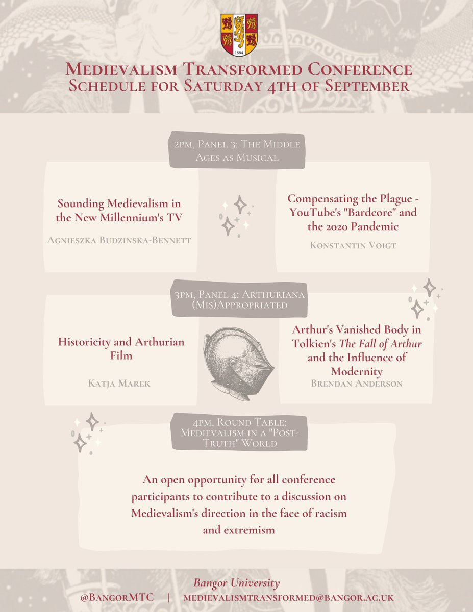 BangorMTC's tweet photo. Owing to some unforeseen scheduling issues, we’re starting our Saturday panels 3 hours later than previously announced.
The new times are 2-5pm, GMT! See our updated information below👇
Apologies for any problems this may cause.
#MTCon21 #MedievalismTransformed https://t.co/efcLG0YT04