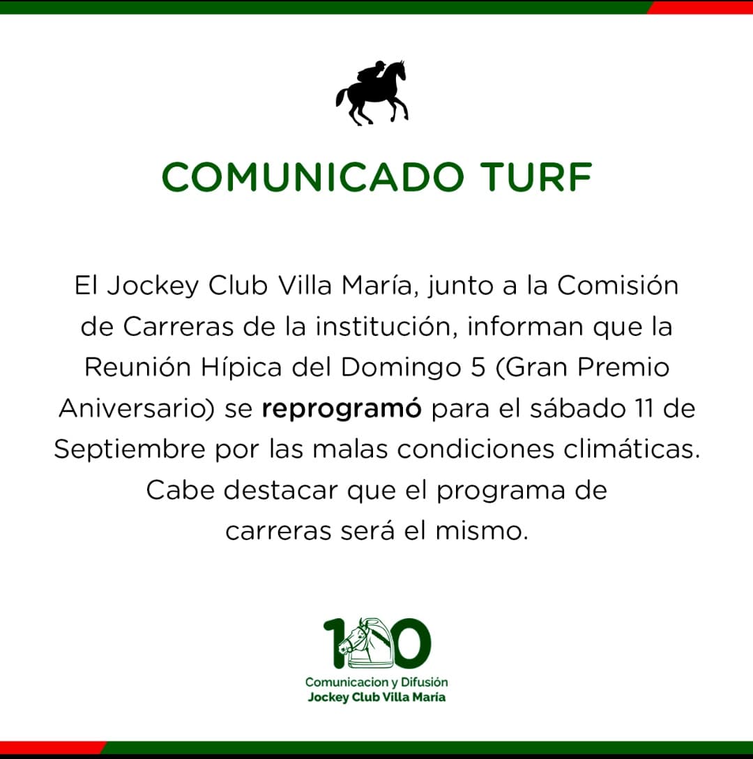TURF

ATENCIÓN!!!🇧🇬

LA REUNIÓN HÍPICA QUE IBA A DESARROLLARSE EL PRÓXIMO DOMINGO HA SIDO REPROGRAMADA AL SÁBADO 11 DE SEPTIEMBRE POR CUESTIONES CLIMÁTICAS.

MUCHAS GRACIAS!!!