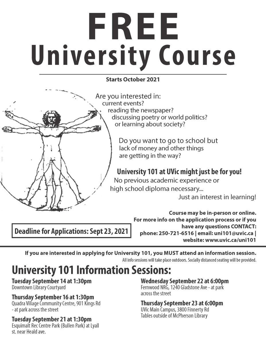 DRCVictoria's tweet image. University 101 is a program from @uvic that offers non-credit, barrier-free academic courses, free of charge! Find out more about their program and info sessions here: uvic.ca/uni101/

#uvic #university101 #barrierfreelearning #victoriadisabilityresourcecentre #vdrc