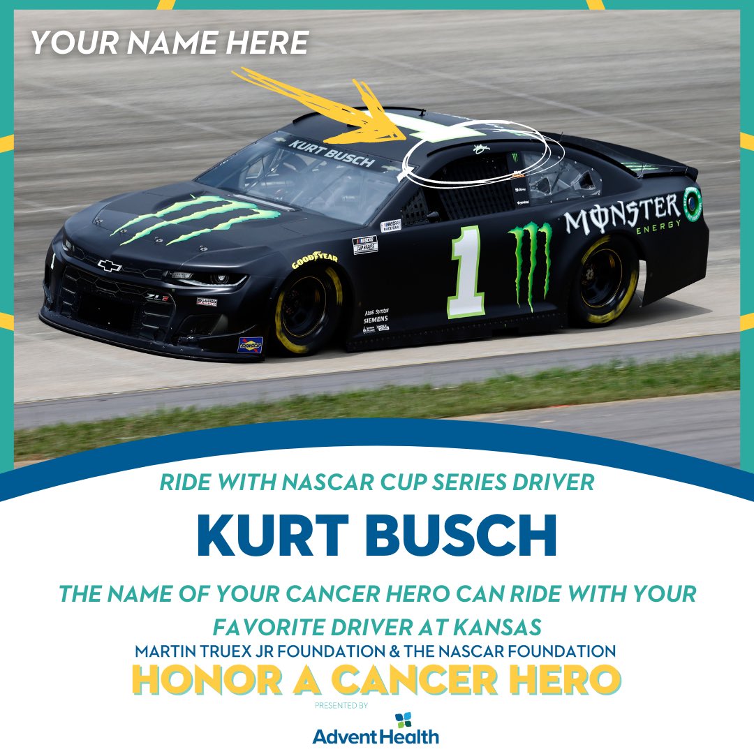 Honor Your Cancer Hero by having them “ride” on my car at Kansas Speedway! 

Bid now at nascarfoundation.org/cancerhero 

@AdventHealth @MTJFoundation, @NASCAR_FDN @ebay #HeroesRideAlong #Ebayfinds #EbayforCharity