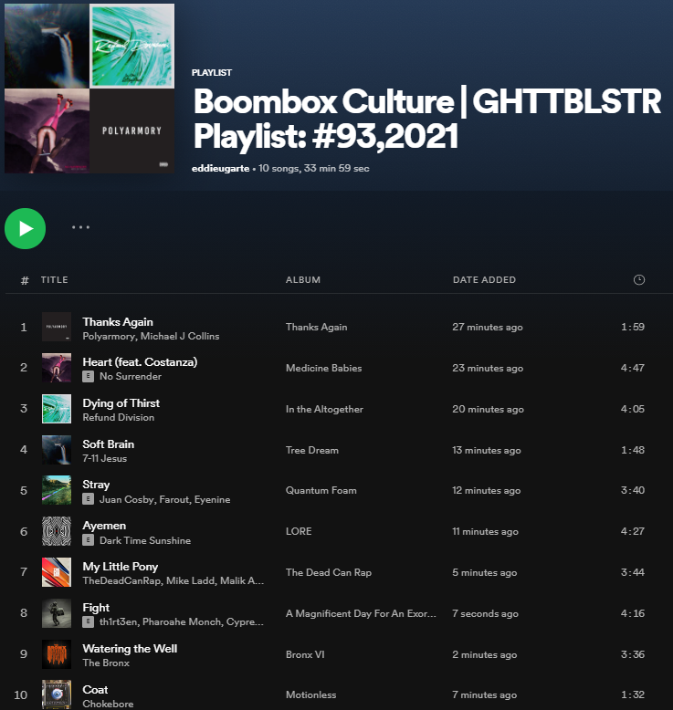 GhttblstrMgzn's tweet photo. Boombox Culture | GHTTBLSTR Playlist #93,2021. Close out your week with our current playlist featuring @NoSurrenderNYC, @DrkTimeSunshine, @JuanCosby, @TheDeadCanRap1, @pharoahemonch & @ChannelTh1rt3en, @bronxovision, and more!
#GhettoblasterMagazine
https://t.co/9ysaNyS4bX https://t.co/HDBlXw5IP1